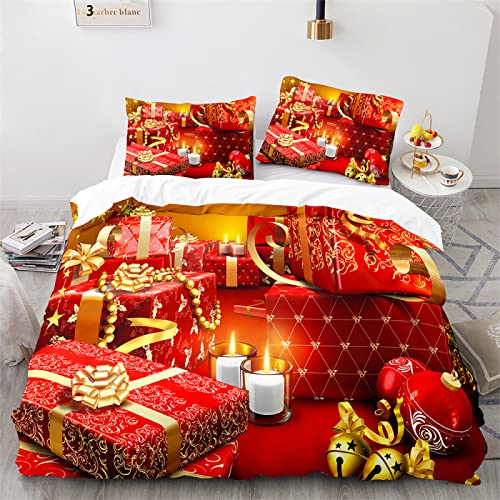 HRBK Bettwäsche 135x200 Rote Geschenkbox 3D Drucken Weihnachten Luftdurchlässiger Bettwäsche-Sets mit Reisverschluss, Bettbezug und 2 Kissenbezug 80x80cm Geeignet füR Mädchen und Junge von HRBK