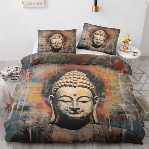 HRBK Bettwäsche 135x200 cm Braun Bettbezug 3 Teilig Set Buddha-Figur Muster mit Reißverschluss, Mikrofaser Flauschige Weich Bettwäsche-Sets mit 2 Kissenbezug 80x80 cm von HRBK