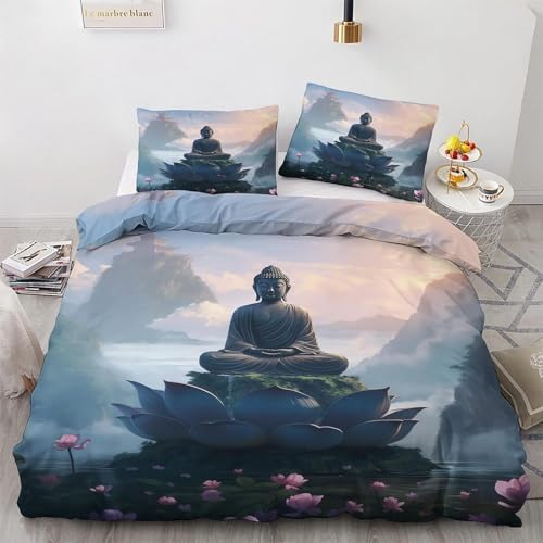 HRBK Bettwäsche 135x200 cm Grauer Lotus Bettbezug 3 Teilig Set Buddha-Figur Muster mit Reißverschluss, Mikrofaser Flauschige Weich Bettwäsche-Sets mit 2 Kissenbezug 80x80 cm von HRBK