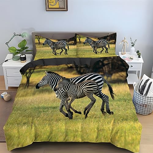 HRBK Bettwäsche 135x200 cm GrüNes Tier Bettbezug 3 Teilig Set Zebra Muster mit Reißverschluss, Mikrofaser Flauschige Weich Bettwäsche-Sets mit 2 Kissenbezug 80x80 cm von HRBK