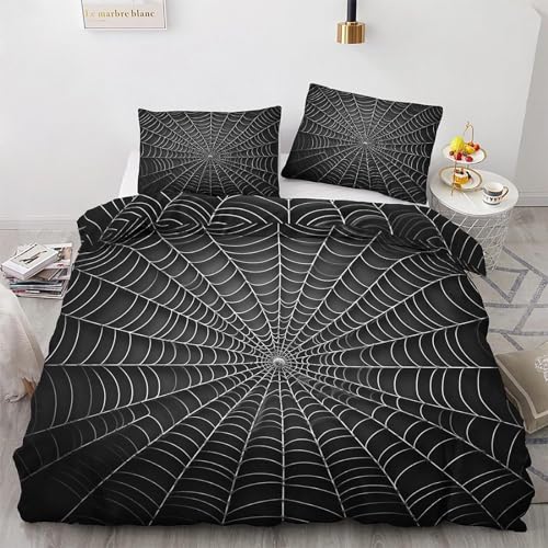 HRBK Bettwäsche 200x220 cm Schwarzes Spinnennetz Bettbezug 3 Teilig Set Halloween Muster mit Reißverschluss, Mikrofaser Flauschige Weich Bettwäsche-Sets mit 2 Kissenbezug 80x80 cm von HRBK