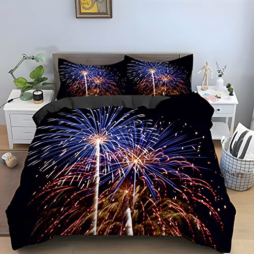 HRBK Schwarzes Feuerwerk Bettwäsche 200x200 Landschaft Bettwäsche Set mit Reißverschluss 110gsm Mikrofaser Bequem Atmungsaktiv Bettbezug und 2 Kopfkissenbezug 80x80 cm von HRBK