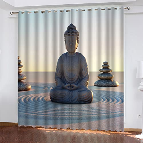 Vorhang Blickdicht Beige Buddha-Statue Verdunklungsgardine mit Ösen Vorhang Dekoschal Gardinen für Schlafzimmer Wohnzimmer Büro B 140 x H 200 cm 2er Set von HRBK