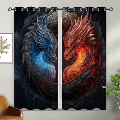 Vorhang Drache Blau Rot Vorhang Blickdicht Verdunklungsgardine mit Ösen 3D Drucken Curtains für Schlafzimmer Wohnzimmer Deko B 117 x H 138 cm 2er Set von HRBK