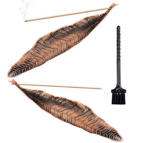 Bronze Räucherstäbchenhalter Metall Blätter,2 Pcs Räucherstäbchen Halter Zink Legierung Ash Catcher Blätter Metall Räuchergefäß mit Einem Mini-Besen für Yoga Meditation Büro von HREDZEO