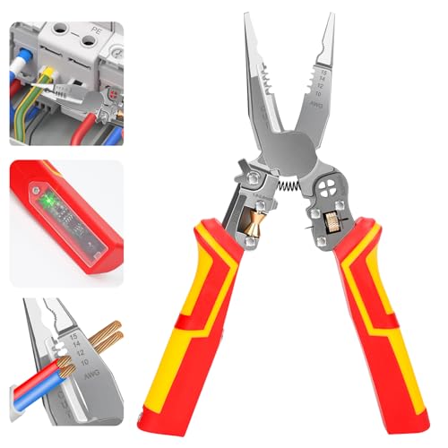 HRGOYY 9 in 1 Abisolierzange mit Spannungsprüfer, 2025 Upgrade Multifunktionale Elektriker Werkzeug - Elektriker Zange,Stripper zum Abisolieren, Crimpen, Schneiden, Ziehen, Wickeln, Spalten von HRGOYY