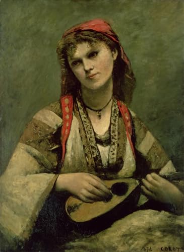 HRJUBWREE Kunst Gemälde Leinwand Malerei Poster Leinwand Wandkunst Christine Nilson oder die Bohemien mit Mandoline von Jean Baptiste Camille Corot für Wohnzimmer Dekoration 60x90cm von HRJUBWREE