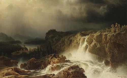 HRJUBWREE Vintage Leinwandmalerei Ölgemälde Wandbilder Kunstdrucke Leinwand Landschaft mit Wasserfall in Smaland von berühmtem Künstler Wandkunst Bild Druck für Wanddekoration 60x90cm von HRJUBWREE