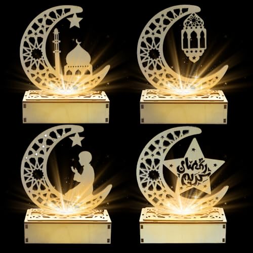 HRKVSK 4 Stück Ramadan laterne holz Dekoation, Ramadan Deko DIY Holz LED Lampe Mond Stern Laterne Eid Mubarak Dekoration, Holz Ramadan Tischdekoration, Halbmond Lampen für Zuhause, Büro von HRKVSK