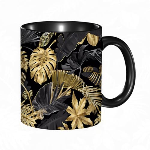 HRRASFAZF Tasse Kaffeetassen,Große 330ml Mit Henkel 100% Handbemalt kaffeebecher porzellan,mit goldenen und schwarzen tropischen Blättern auf dunklem Hintergrund.,Frauen,Jahrestag,Muttertag HRRASFAZF Tasse Kaffeetassen,Große 330ml Mit Henkel 100% Handbemalt kaffeebecher porzellan,mit goldenen und schwarzen tropischen Blättern auf dunklem Hintergrund.,Frauen,Jahrestag,Muttertag von HRRASFAZF