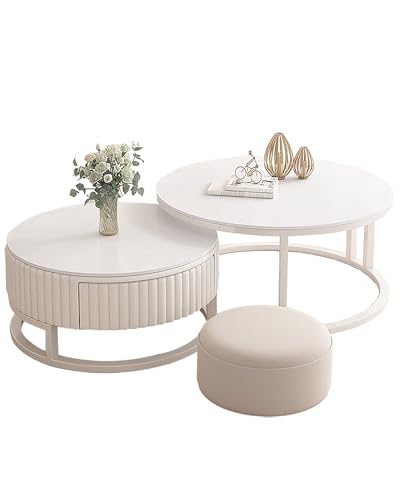 HRXQ 2er Set Runder Couchtisch Weiss 50+70cm Coffee Table Nested Beistelltisch Wohnzimmertisch Kaffeetisch Satztische Für Wohnzimmer, Balkon Und Büro, Metallgestell von HRXQ