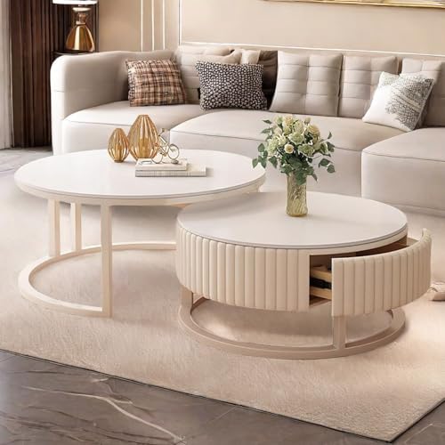 HRXQ Couchtisch 2er Set Rund WeiB Wohnzimmertisch Rund Mit Stauraum, 50cm+70cm Einfache Nested Beistelltisch Sofatisch Für Schlafzimmer Wohnzimmer von HRXQ