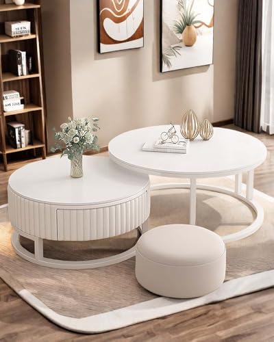 HRXQ Couchtisch Rund Weiss 2er Set Coffee Table Couchtisch Modern Living Room Table Mit Stauraum, Stabilem Metallgestell 50+70cm Satztische Für Wohnzimmer Schlafzimmer Weiß ﻿ ﻿ von HRXQ