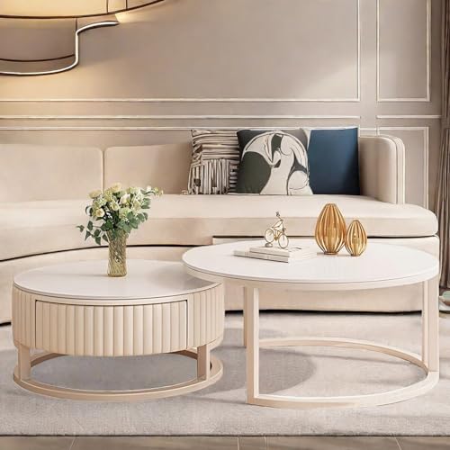 HRXQ Klein Couchtisch Rund 2er Set Mit Stauraum, 50cm+70cm Sofatisch WeiB Kaffeetisch Nested Beistelltisch Für Schlafzimmer Wohnzimmer von HRXQ