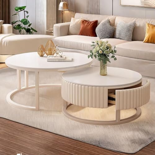 HRXQ Nesting Runder Couchtisch 2er Set Weiß Wohnzimmertisch Rund Wohnzimmer Tisch 70cm+50cm Sofatisch Für Schlafzimmer Wohnzimmer von HRXQ
