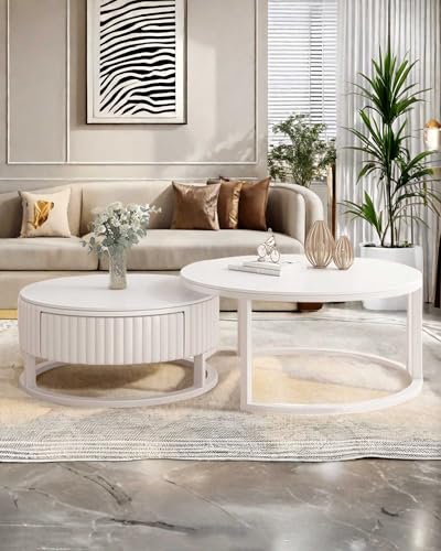 HRXQ Rund Couchtisch Weiss 50+70cm Modern Nested Couchtisch 2er Set Space Saving Sofatisch Kaffeetisch Für Wohnzimmer, Balkon Und Büro, Metallgestell von HRXQ