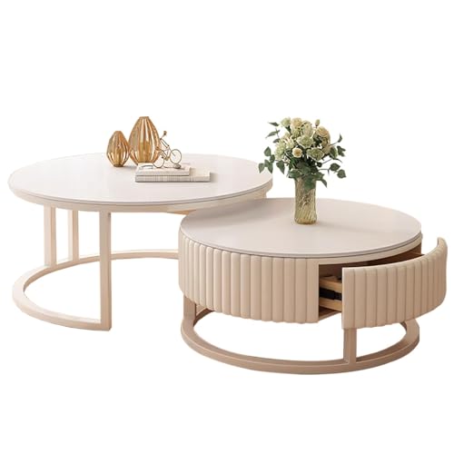 HRXQ Runder Couchtisch Weiß 2er Set Wohnzimmertisch Rund Für Wohnzimmer, Metallgestell+8mm Verdickte Felsplatte (70cm+50cm) von HRXQ