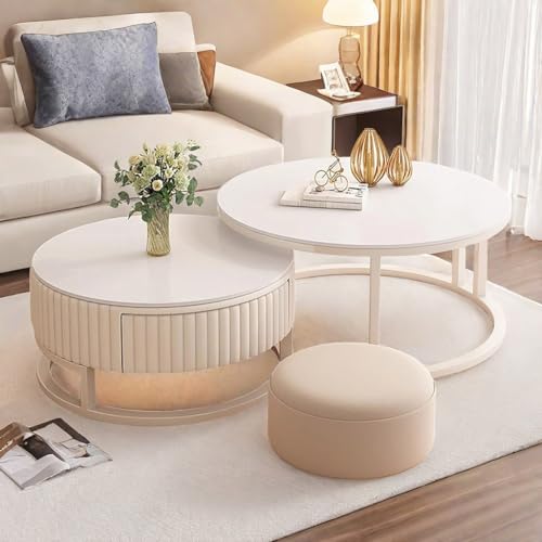 HRXQ Runder Couchtisch Weiß Couchtisch Rund 2er Set Wohnzimmertisch Nesting Kaffeetisch Für Wohnzimmer, Balkon Und Büro - 70cm+50cm von HRXQ
