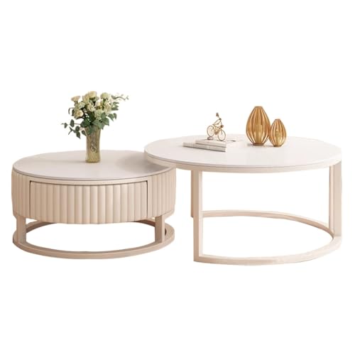 HRXQ Runder Couchtisch Weiß Wohnzimmertisch Mit Stauraum, 50cm+70cm Moderne Couchtisch Rund 2er Set Satztische Kaffeetisch Für Wohnzimmer, Balkon Und Büro von HRXQ