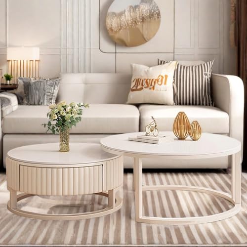 HRXQ Weiss Couchtisch Rund 2er Set, 50+70cm Rund Wohnzimmertisch Mit Metallrahmen, Moderne Kaffeetisch Sofatisch Für Wohnzimmer Schlafzimmer von HRXQ