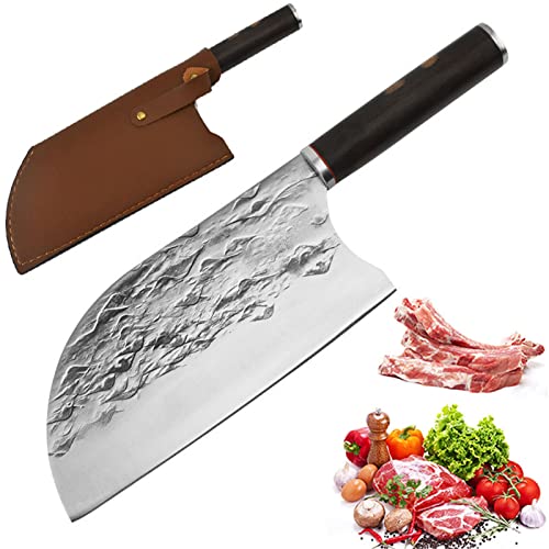 HRZZEOKV Cleaver Serbisches Metzgermesser Handgeschmiedetes Kochmesser Küchenmesser Cleaver Fleisch Gemüse Scharfes Ausbeinmesser Mit Holster Voller Griff Outdoor BBQ Camping von HRZZEOKV