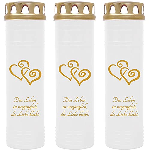 Grabkerze Grablicht - 3er Pack - mit Motiv (2 Herzen Gold) - ca 170h / 7 Tage Brenndauer je Kerze (26cm, Ø 7cm) - viele versch. Designs von HS Candle