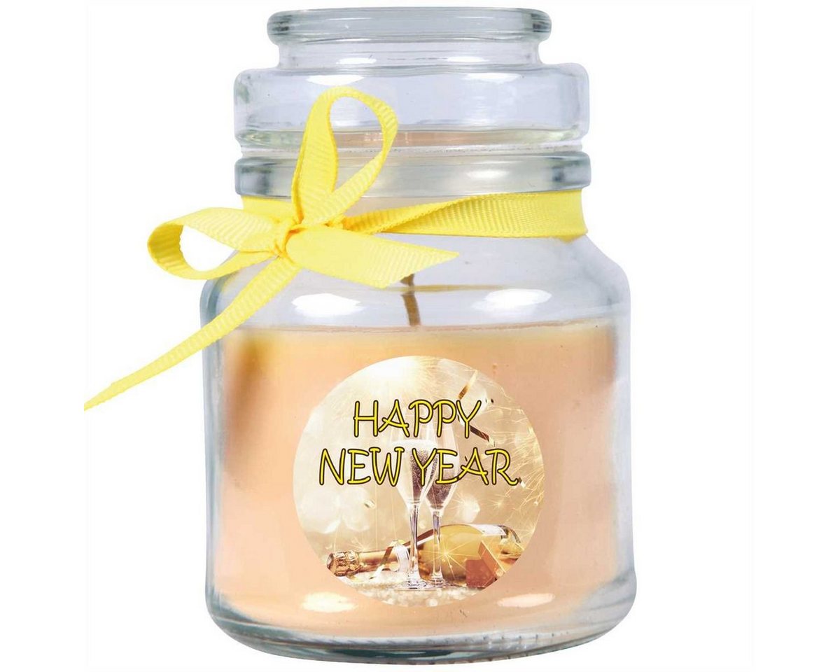 HS Candle Duftkerze Frohes Neues Jahr (1-tlg), Kerze im Bonbon Glas mit Neujahr - Motiv von HS Candle