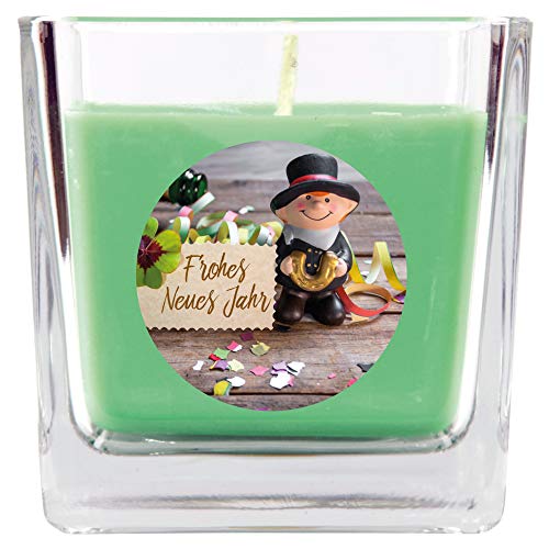 HS Candle Duftkerze Frohes Neues Jahr im Viereck Glas, Ideal zu Neujahr, viele Motive zur Auswahl von HS Candle