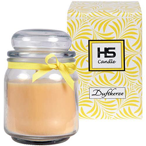 HS Candle Duftkerze Vanille im Glas, Kerze 13cm x Ø9cm in Geschenkbox, 300gr. Wachs - Brenndauer ca. 50-60 Stunden, Duft Kerze BonBon Glas mit Deckel von HS Candle