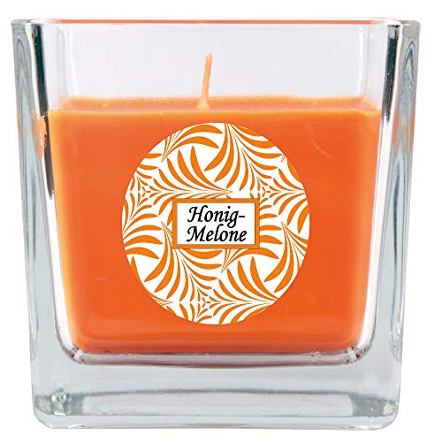 HS Candle Duftkerze mit Schriftzug Honigmelone im Viereck Glas, 190g Wachs - Brenndauer ca.: 50 Stunden, Kerze im Glas in Geschenkverpackung von HS Candle