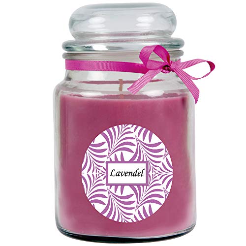 HS Candle Duftkerze mit Schriftzug Lavendel im Bonbon Glas, 500g Wachs - Brenndauer ca.: 110 Stunden, Kerze im Glas in Geschenkverpackung von HS Candle