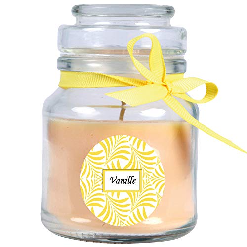 HS Candle Duftkerze mit Schriftzug Vanille im Bonbon Glas, 120g Wachs - Brenndauer ca.: 30 Stunden, Kerze im Glas in Geschenkverpackung von HS Candle