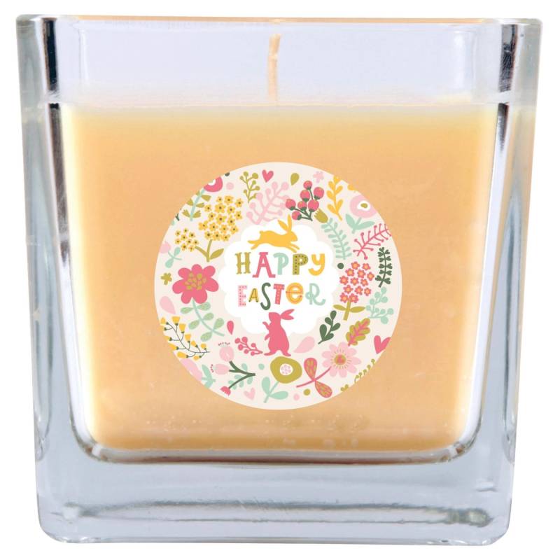 HS Candle Duftkerze & Glas Ostern Creme Viereck 50h Happy Easter Blumen von HS Candle