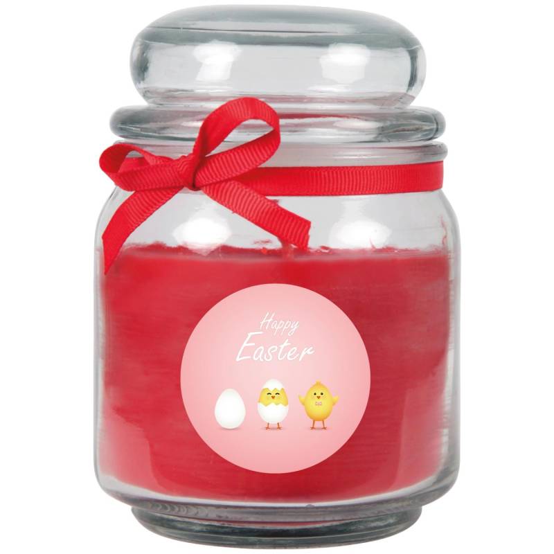 HS Candle Duftkerze & Glas Ostern Rot Bonbon 70h Küken von HS Candle