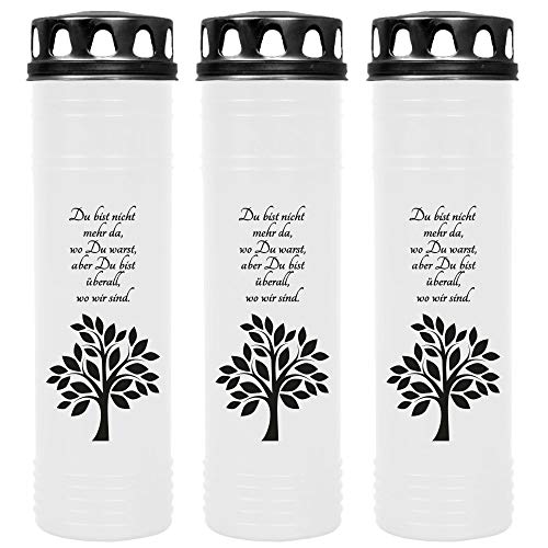 HS Candle Grabkerze - 3er Pack - (Deckel Schwarz) Grablicht ca. 7 Tage Brenndauer je Kerze - Motiv: Baum von HS Candle