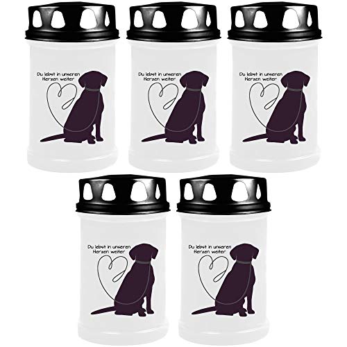 HS Candle Grabkerze - 5er Pack - (Deckel Schwarz) Grablicht ca. 48h Brenndauer je Kerze - Motiv: Labrador von HS Candle