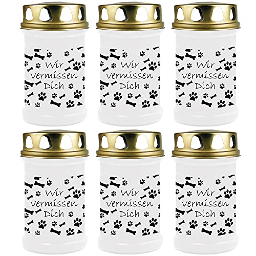 HS Candle Grabkerze - 6er Pack - Grablicht mit Tier-Motiv (Hund Knochen) - ca 40h Brenndauer je Kerze (12cm, Ø 6cm) - viele versch. Designs von HS Candle