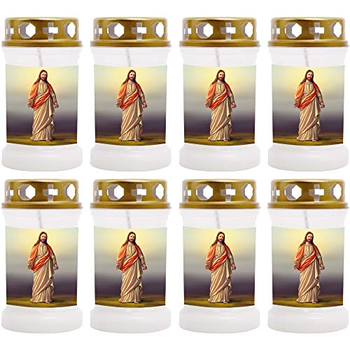 HS Candle Grabkerze - 8er Pack - (Weiß) Grablicht ca. 40h Brenndauer je Kerze - Motiv: Jesus von HS Candle