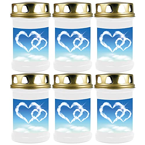 HS Candle Grabkerze Grablicht - 6er Pack - (Herz Wolke) - ca 40h Brenndauer je Kerze (14,5cm, Ø 7cm) - viele Verschiedene Designs von HS Candle