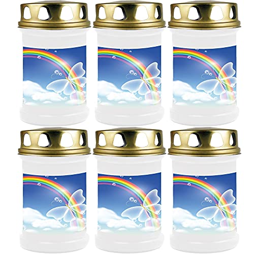 HS Candle Grabkerze Grablicht - 6er Pack - (Schmetterling Blau) - ca 40h Brenndauer je Kerze (14,5cm, Ø 7cm) - viele Verschiedene Designs von HS Candle