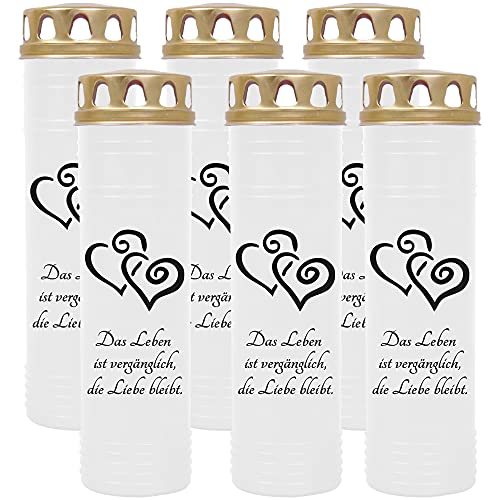 HS Candle Grabkerze Grablicht - 6er Pack - mit Motiv (2 Herzen Schwarz) - ca 170h / 7 Tage Brenndauer je Kerze (26cm, Ø 7cm) - viele versch. Designs von HS Candle