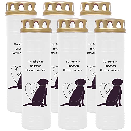 HS Candle Grabkerze Grablicht - 6er Pack mit Motiv (Hund Leine) - ca 100h / 4 Tage Brenndauer je Kerze (25cm, Ø 7cm) - viele versch. Deisgns von HS Candle