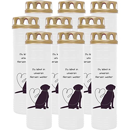 HS Candle Grabkerze Grablicht - 9er Pack mit Motiv (Hund Leine) - ca 100h / 4 Tage Brenndauer je Kerze (25cm, Ø 7cm) - viele versch. Deisgns von HS Candle