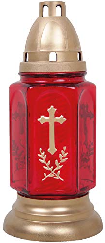 HS Candle Grableuchte aus Glas (24 cm) mit Kreuz inklusiv Kerze - Design Bella rot von HS Candle
