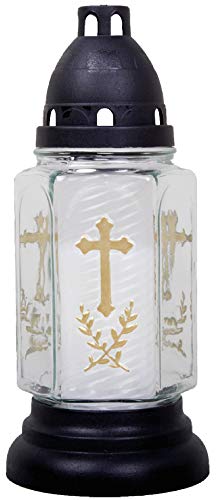 HS Candle Grableuchte aus Glas (24 cm) mit Kreuz inklusiv Kerze - Design Buena weiß von HS Candle