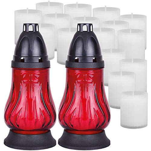 HS Candle Grablicht Glas 2 Stück in Rot mit ca. 18h Brenndauer inkl. 14 Kerzen von HS Candle