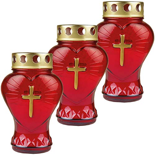 HS Candle Grablicht Glas in Herzform (Rot), 3er Pack Grabkerzen mit ca. 45h Brenndauer von HS Candle
