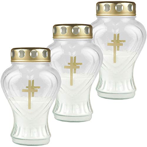 HS Candle Grablicht Glas in Herzform (Weiß), 3er Pack Grabkerzen mit ca. 45h Brenndauer von HS Candle