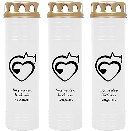 HS Candle Grablicht Grabkerze - 3er Pack - mit Motiv (Katze Herz 1) - ca 170h / 7 Tage Brenndauer je Kerze (26cm, Ø 7cm) - viele versch. Deisgns von HS Candle
