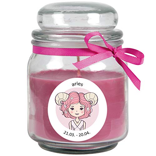 HS Candle "Sternzeichen" Duftkerze Lavendel im Bonbonglas (Widder) - viele Motive zur Auswahl, 700g - Brenndauer bis zu 70 Std - Aries von HS Candle